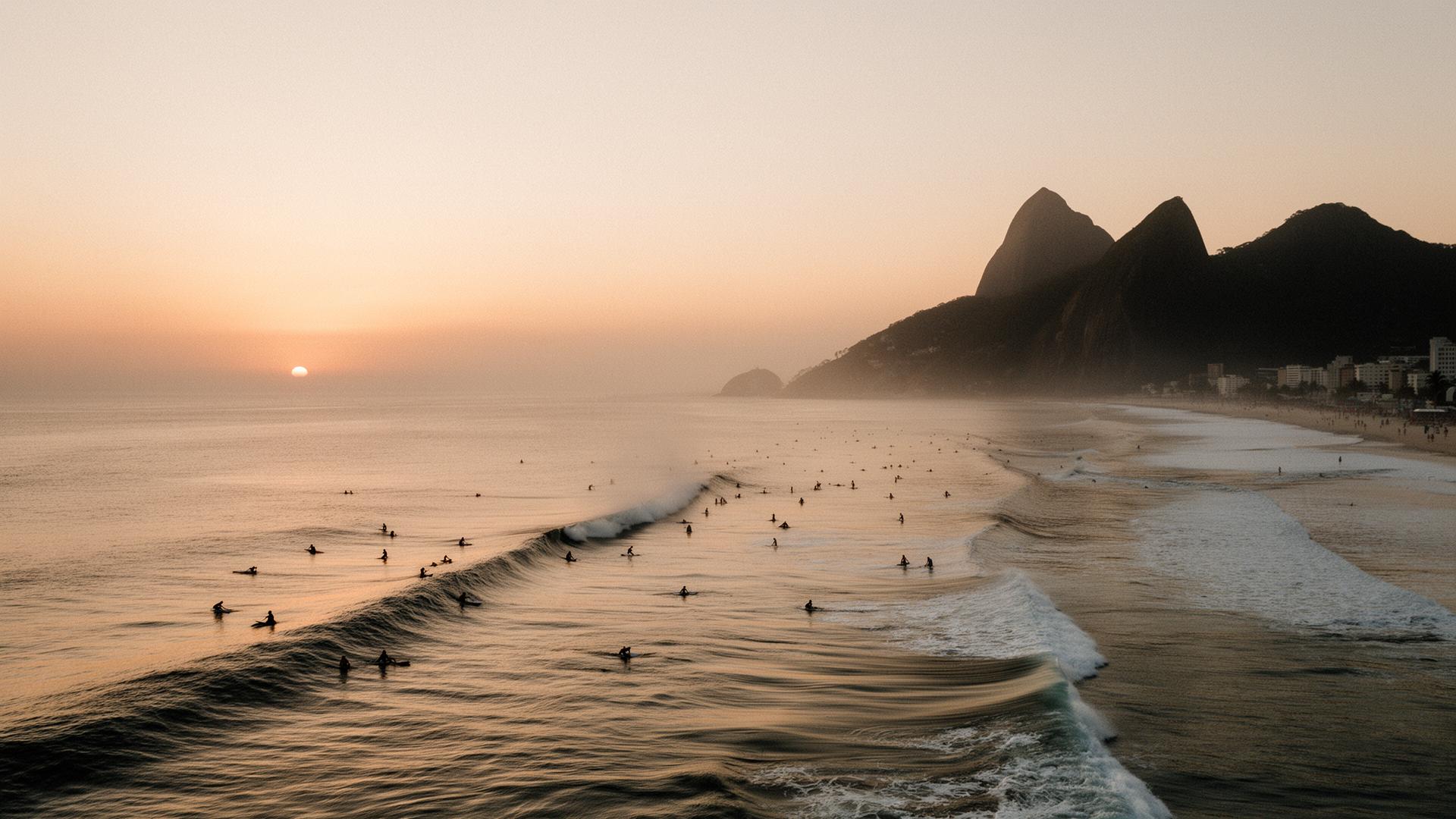 Sunset in Ipanema with surfers and Morro Dois Irmãos